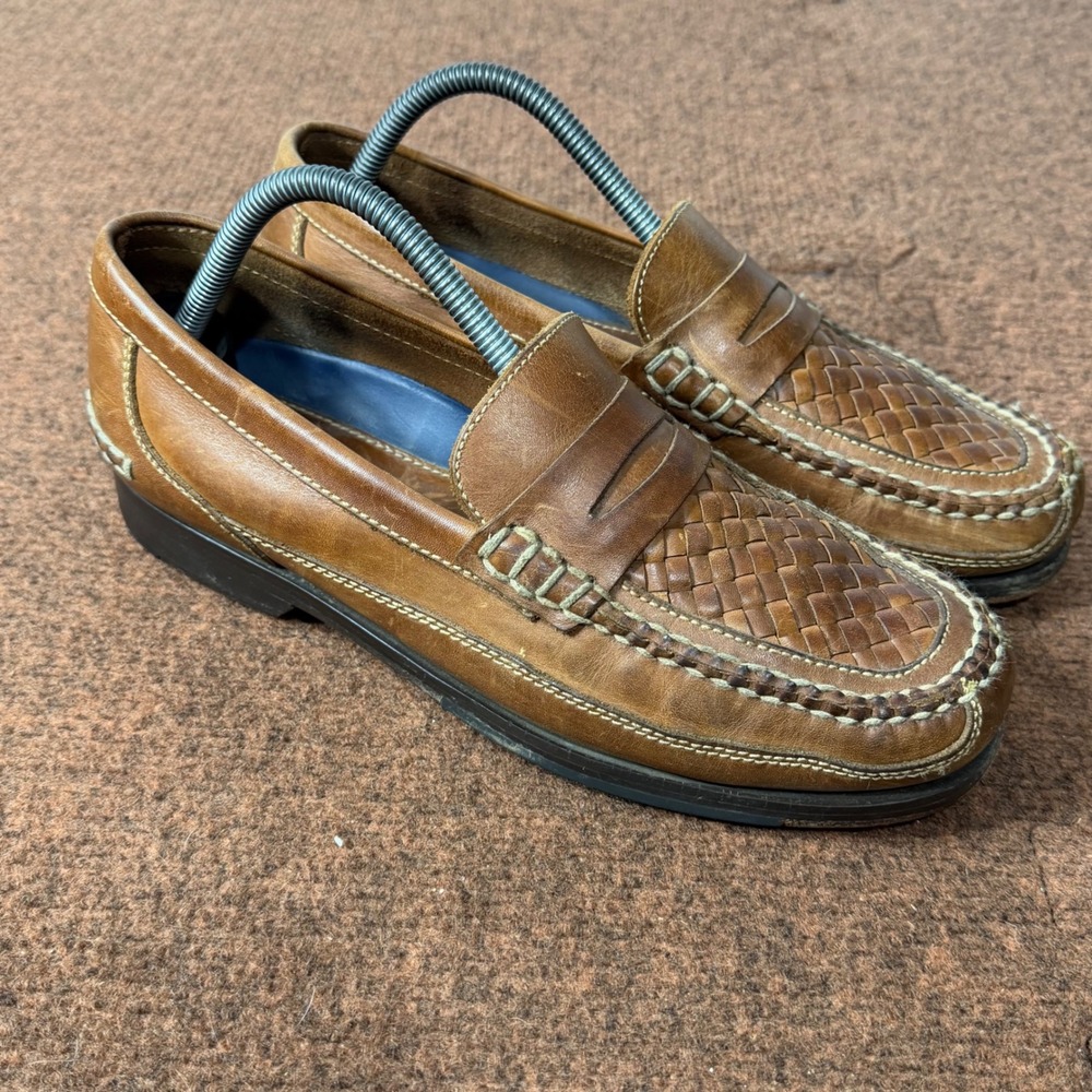 Bostonian Stadium Mens 9 M Tan Woven Leather Penny Loafers Made in Brazil 21633